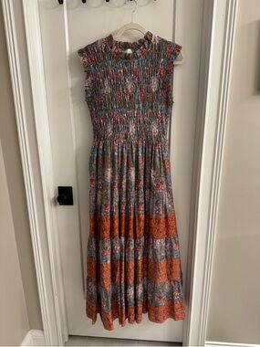 Calypso, Smocked Floral Maxi Dress in Blue and Orange, size medium